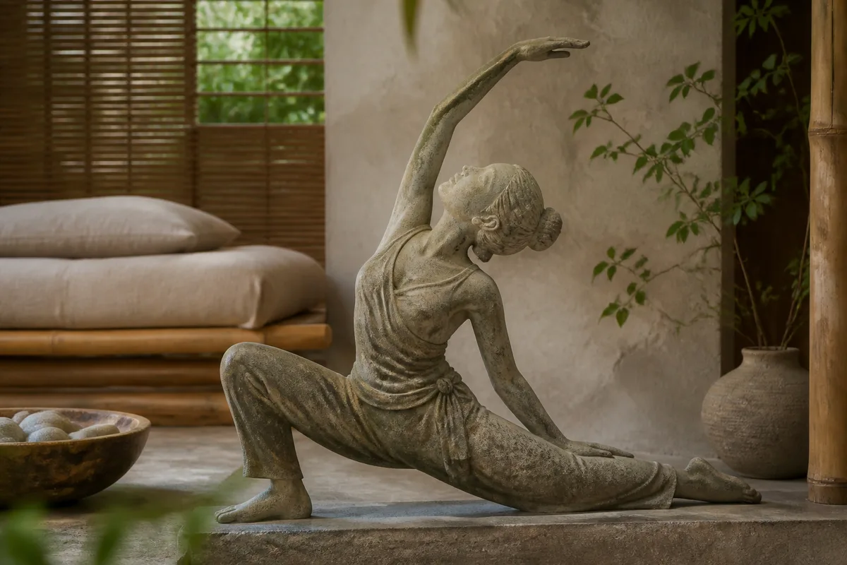Statue de pierre patinée représentant une posture d’exercice, entourée de feuillage