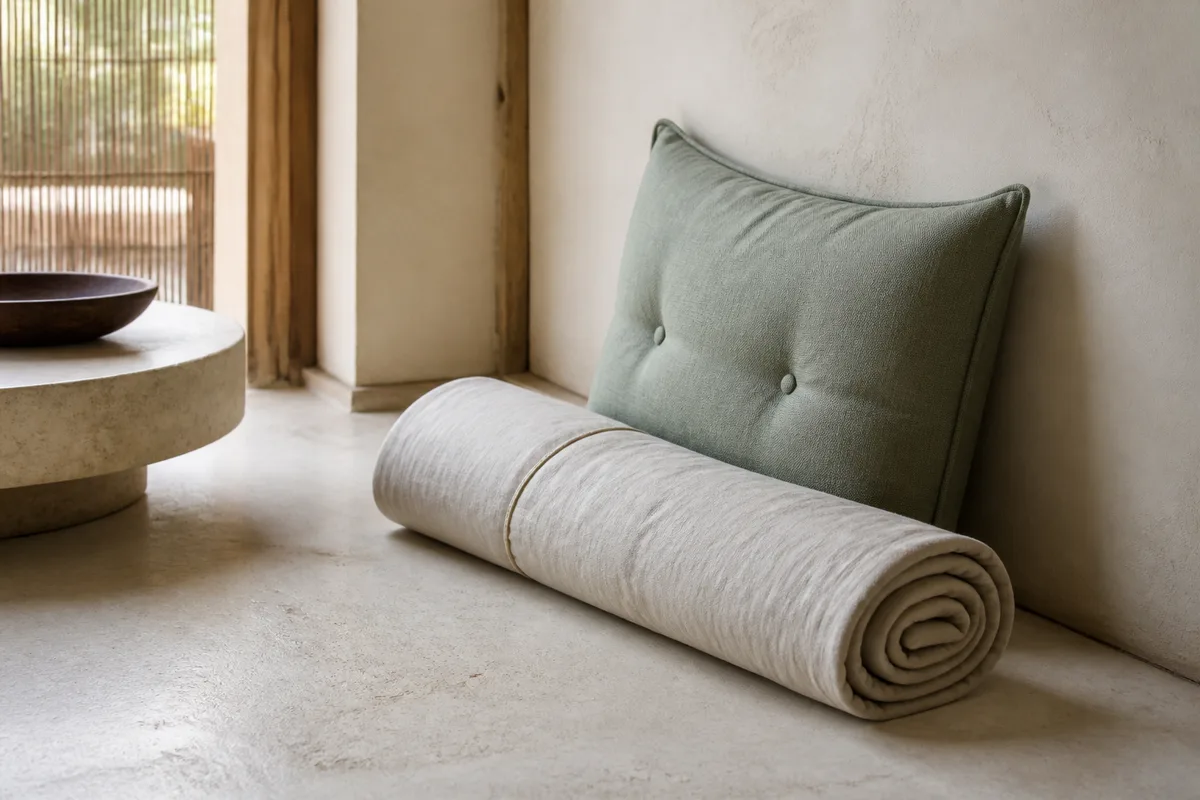 Tapis de coton roulé et coussin ferme posés contre un mur clair