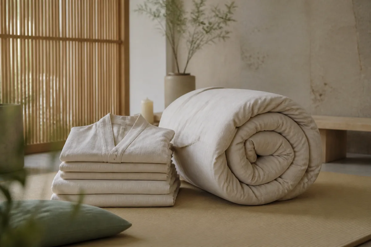 Pile de vêtements de coton écru pliés à côté d’un futon roulé