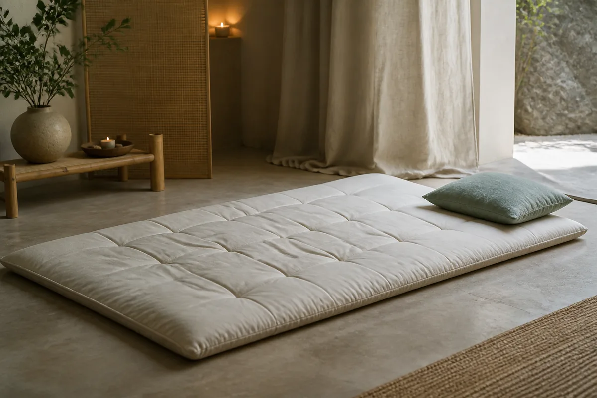 Futon de coton clair déroulé au sol dans une pièce sobre, coussin ferme posé à l&rsquo;angle