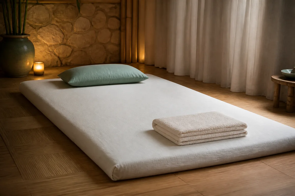 Mains posées à plat sur un tissu de coton, appui large et lent sur l&rsquo;arrière de la jambe