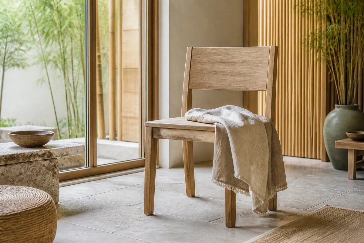 Bureau de bois clair avec écran surélevé et chaise à dossier droit près d’une fenêtre