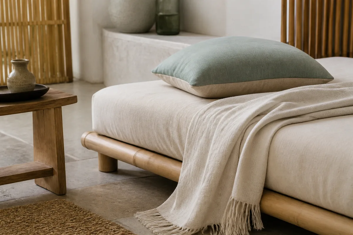 Coussin ferme et couverture de coton posés au bord d’un futon