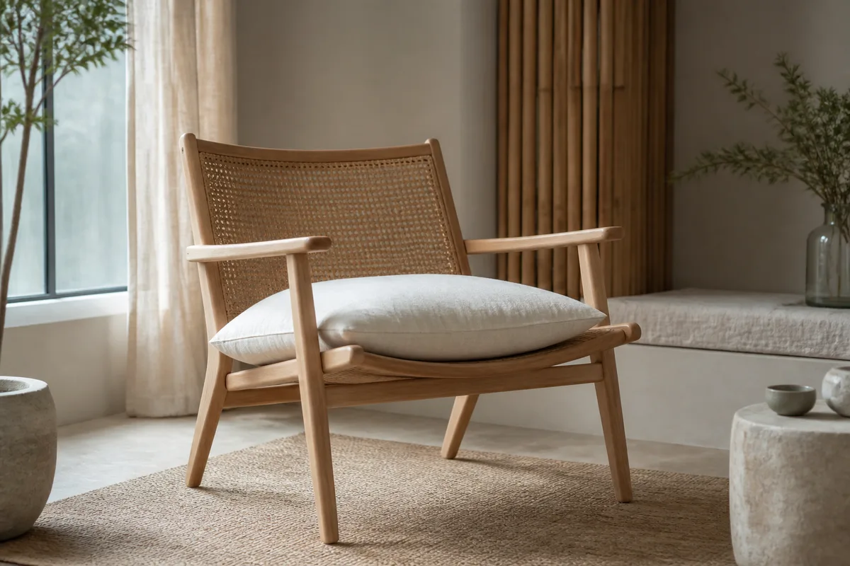 Chaise de bois clair près d’une fenêtre, coussin de coton posé sur l’assise