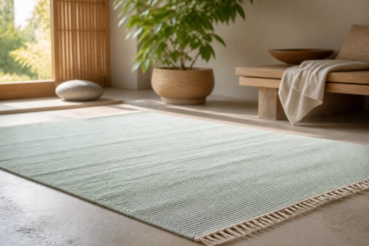 Tapis de coton déroulé au sol dans une pièce lumineuse, plante verte en arrière-plan